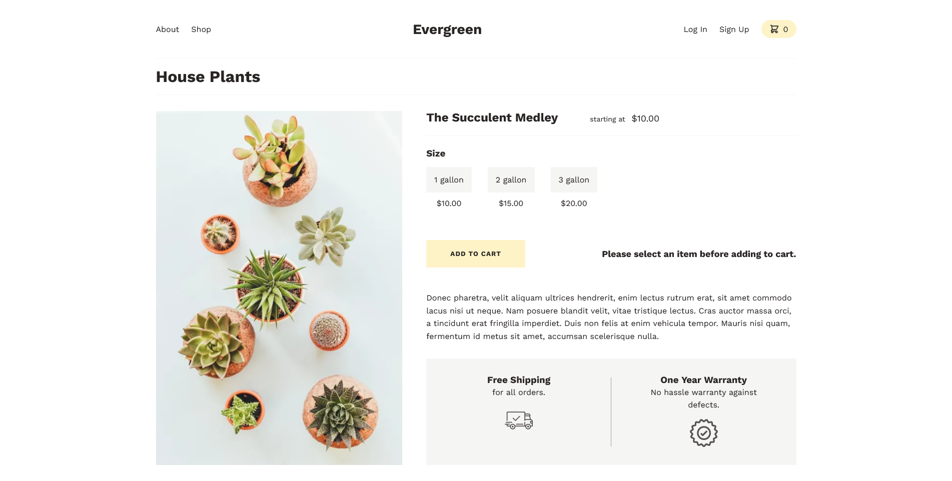 Evergreen shop product page for potted succulent plants.